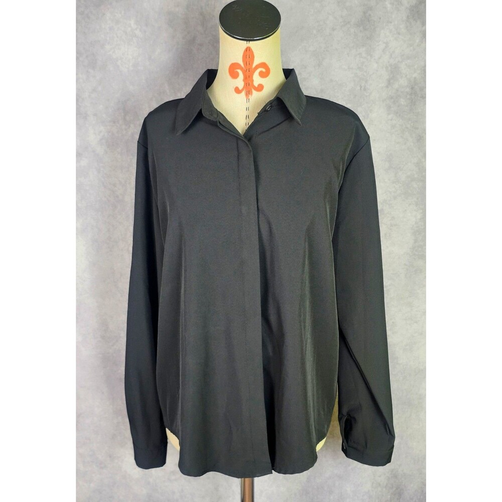 Womens Career Dress Blouse Shirt Long Sleeve Easy Care Sz XL Black Poly Spandex